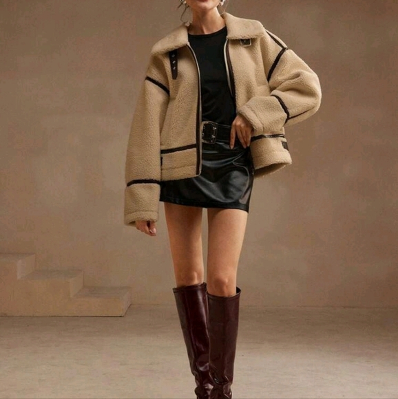 Casual Plus Fleece Thick Patchwork Zipper Front Loose Swing Jacket, Winter - Picture 4 of 4